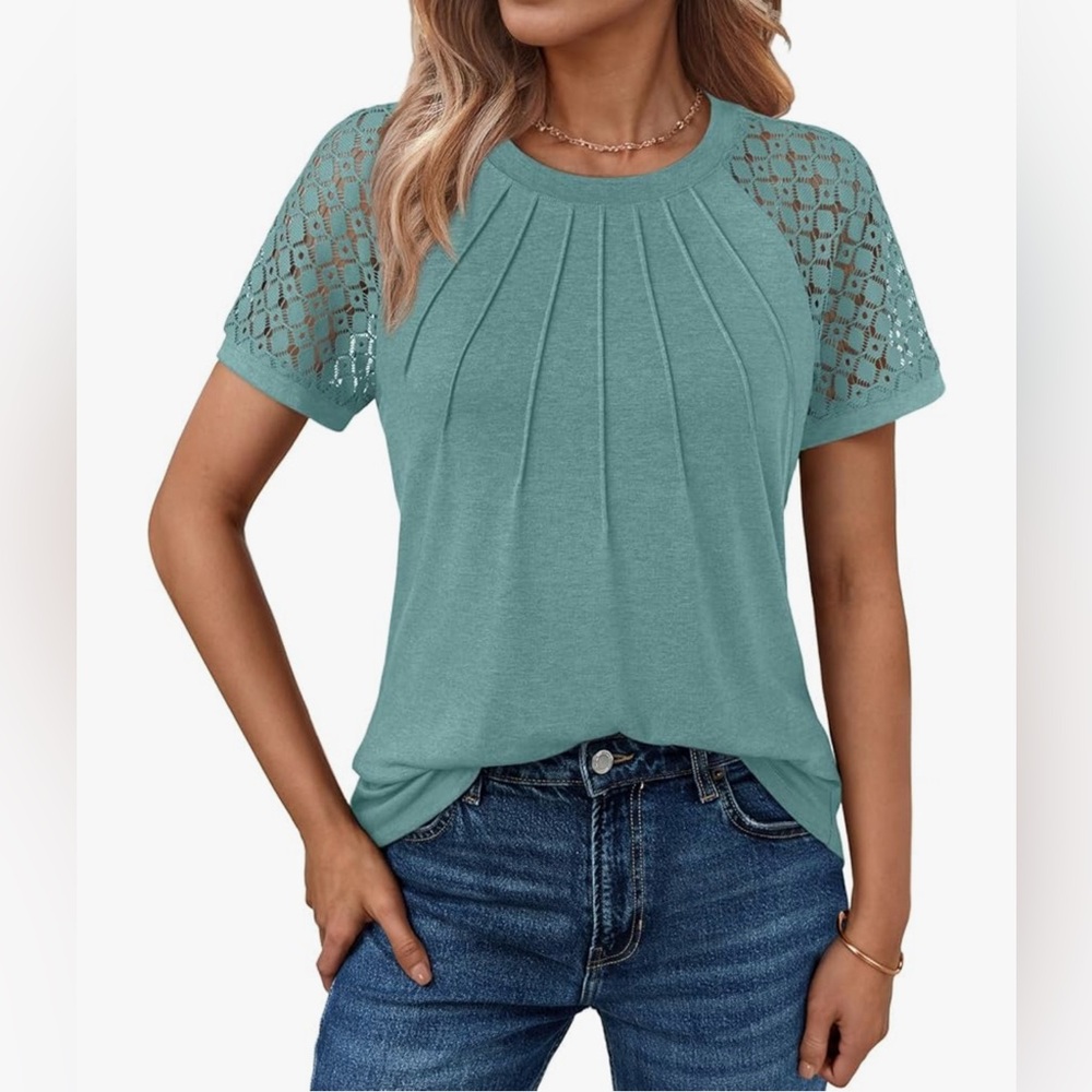 Green Pleated Blouse with Embellished Sleeves